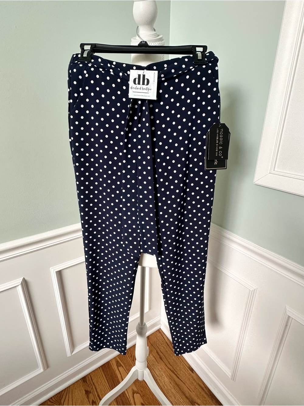 Navy White Polka Dot Pants Classic Elastic Waist Business Casual Teacher Outfit